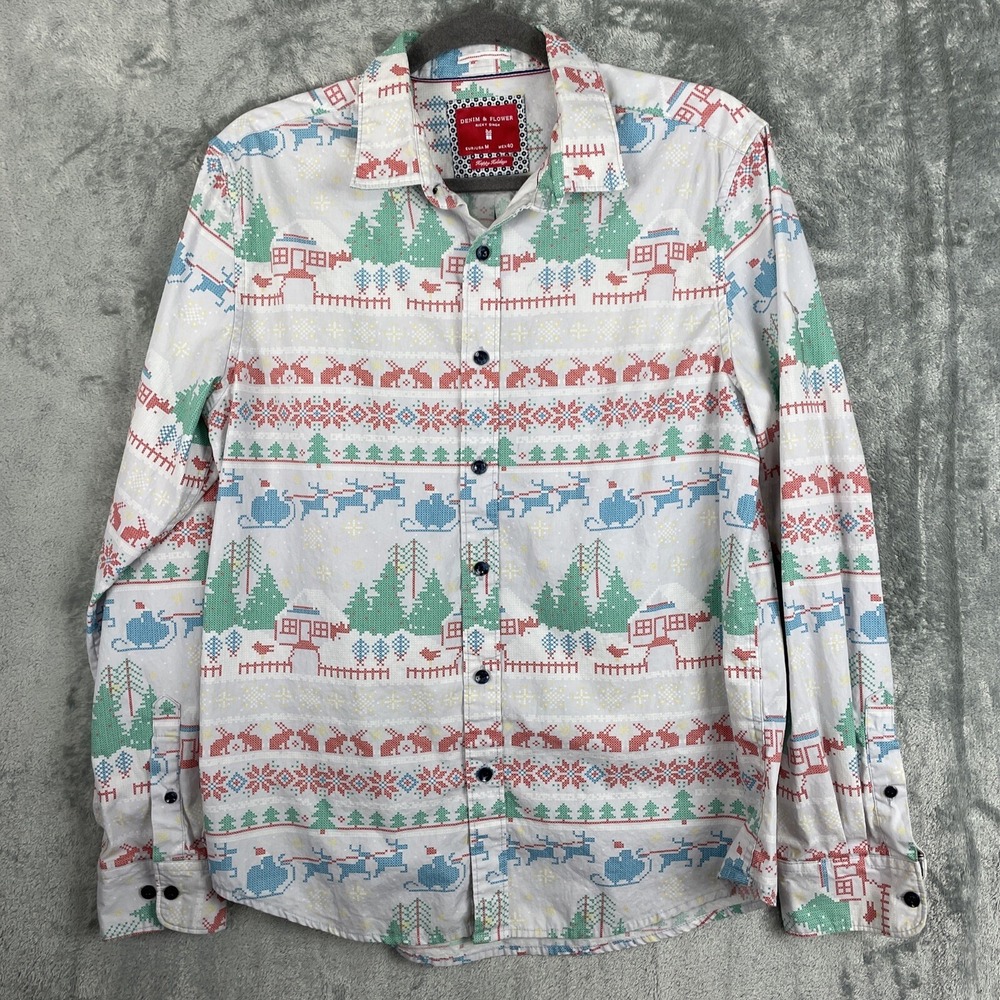 Denim & Flower Ricky Singh‎ Shirt Medium Gray Holidays Festive Christmas Santa